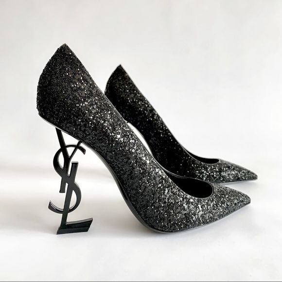 Saint Laurent Shoes - ⭕️ YSL SAINT LAURENT Opium Glitter Heels Pumps 8 Sparkle Designer Black Logo